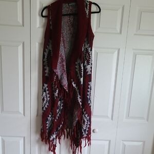 Burgundy and Gray Geometric Fringe Vest